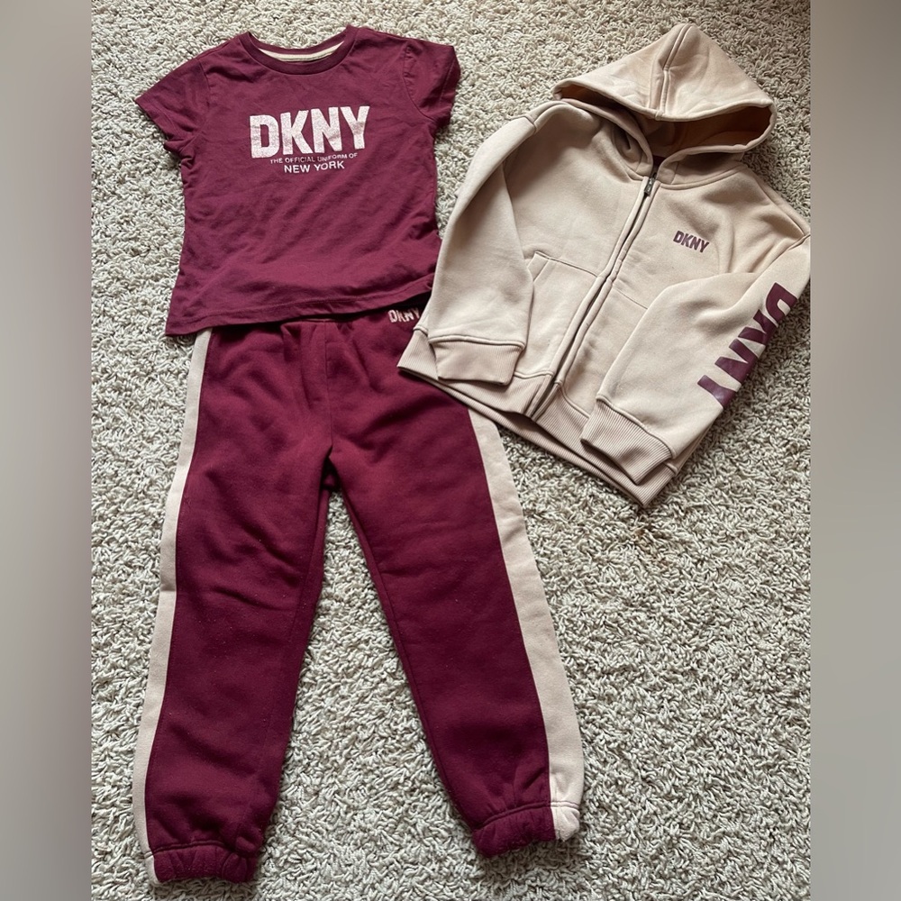 DKNY Girls 3-Piece Activewear Sweatshirt Hoodie Jogger Toddler Kids Set (4T)